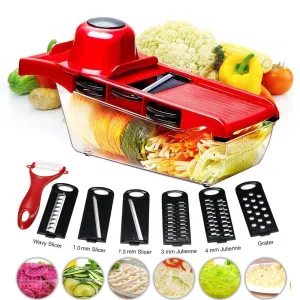 Mandoline Slicer, Vegetable Slicer Cutter, 6 Interchangeable Blades, Easy to Clean, Stainless Steel, Adjustable, Multi-blade,Comes with Peeler, Storage Container and Hand Protection,Red