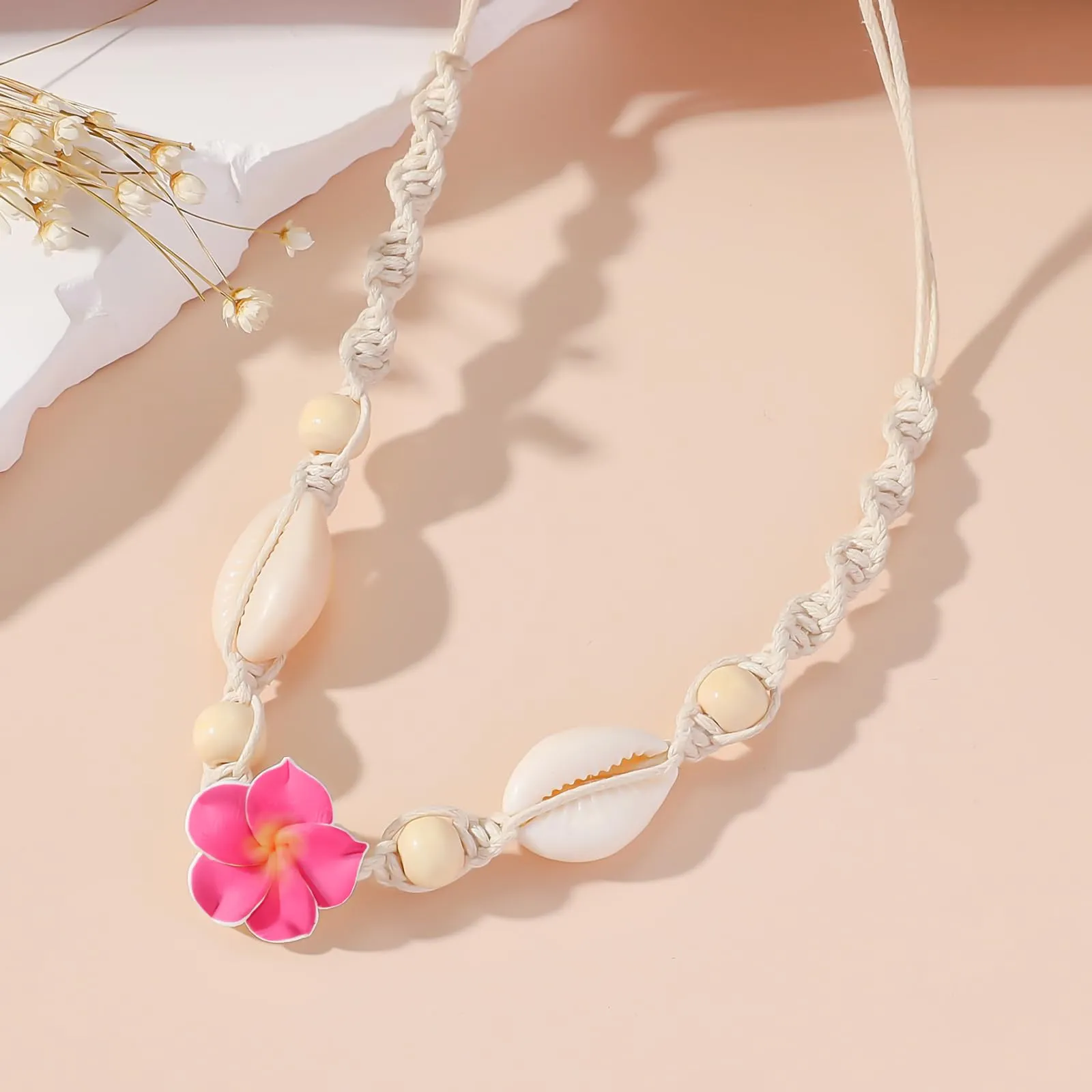 Nackiy Handmade Sea Shell Necklace for Women Summer Adjustable Natural Shell Collar Necklace (Beige Braided Rope)