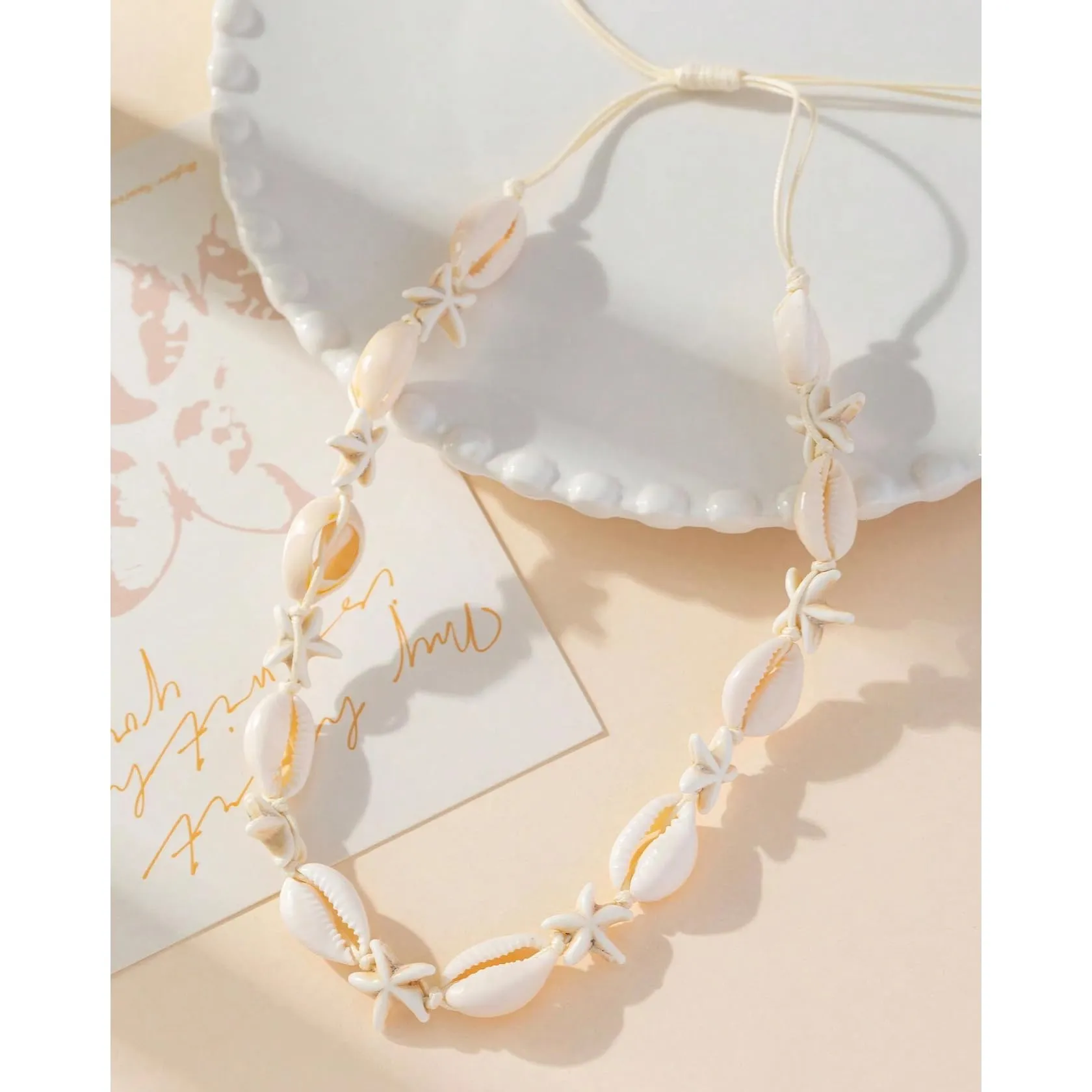 Nackiy Handmade Sea Shell Necklace for Women Summer Adjustable Natural Shell Collar Necklace (Beige Braided Rope)