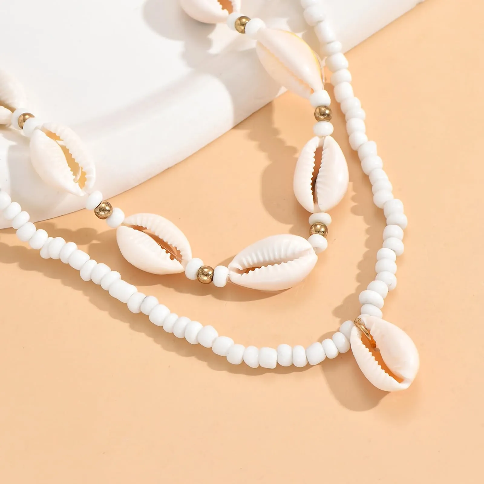Nackiy Handmade Sea Shell Necklace for Women Summer Adjustable Natural Shell Collar Necklace (Beige Braided Rope)
