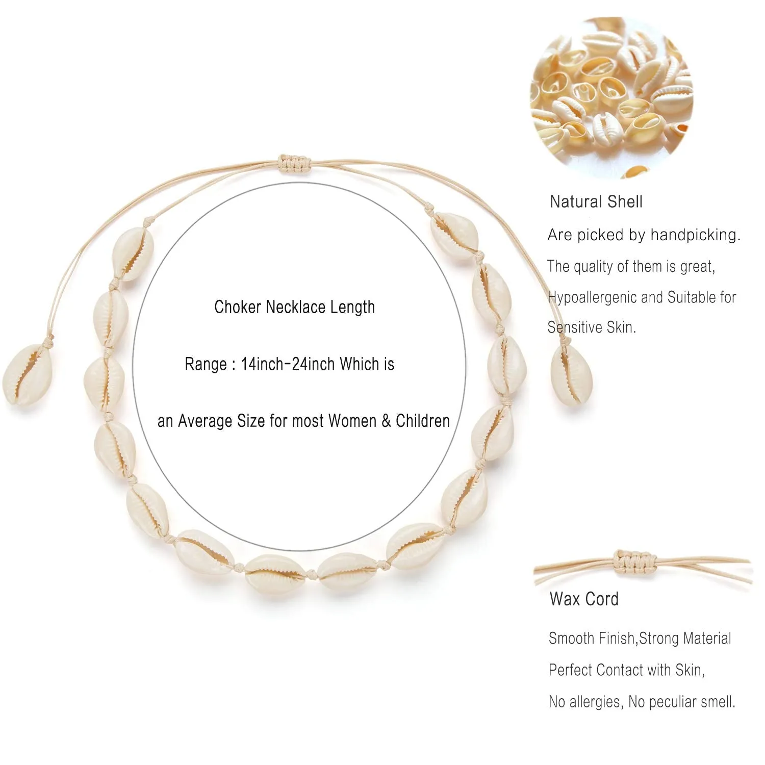 Nackiy Handmade Sea Shell Necklace for Women Summer Adjustable Natural Shell Collar Necklace (Beige Braided Rope)