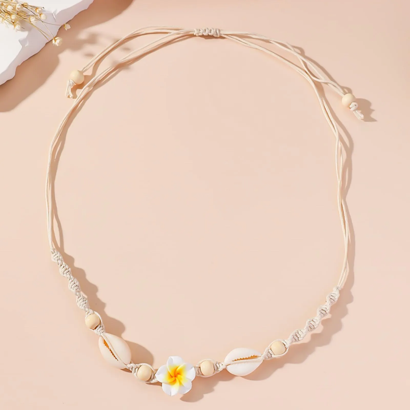 Nackiy Handmade Sea Shell Necklace for Women Summer Adjustable Natural Shell Collar Necklace (Beige Braided Rope)