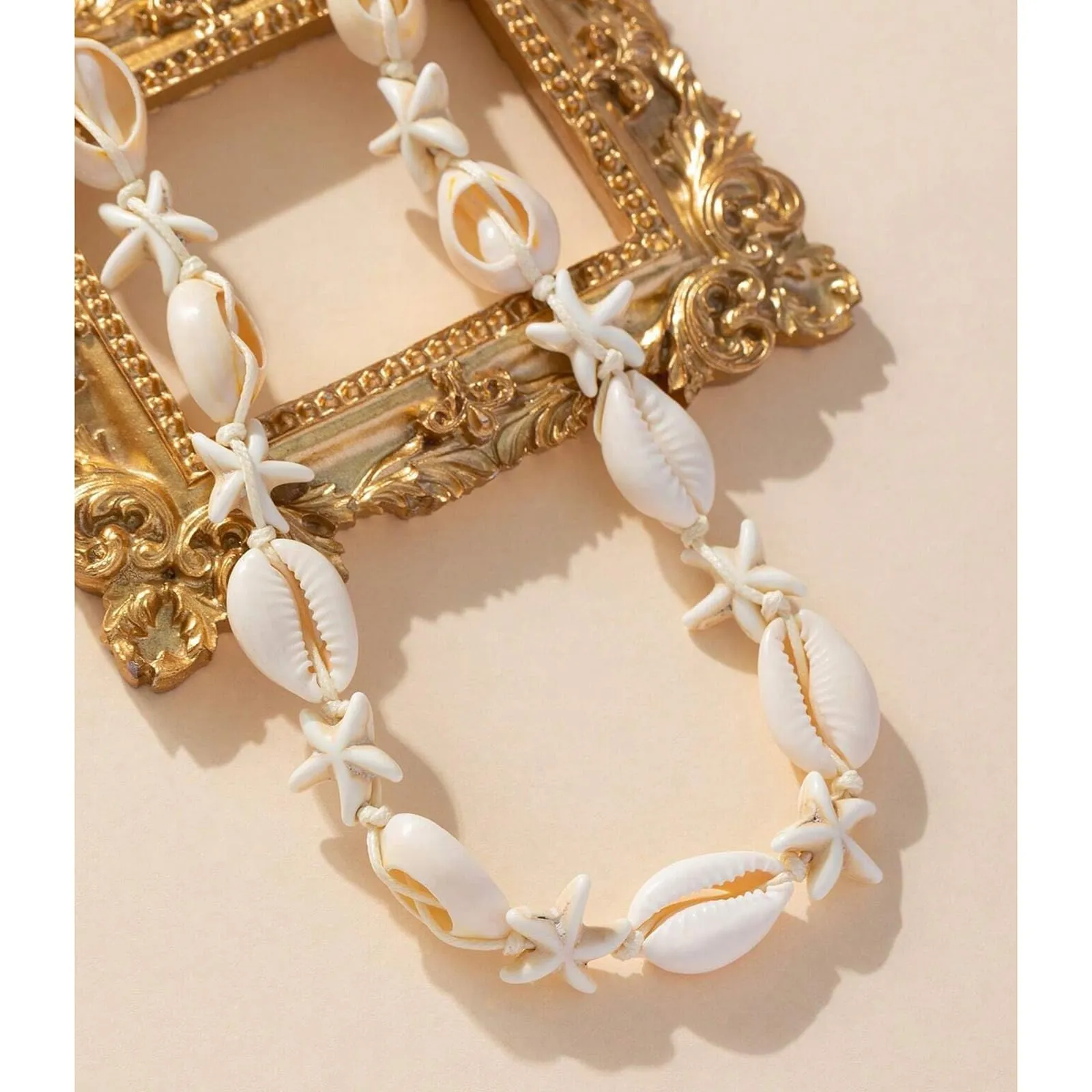 Nackiy Handmade Sea Shell Necklace for Women Summer Adjustable Natural Shell Collar Necklace (Beige Braided Rope)