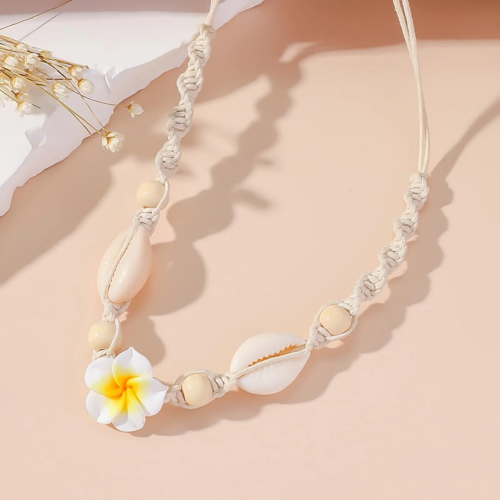 Nackiy Handmade Sea Shell Necklace for Women Summer Adjustable Natural Shell Collar Necklace (Beige Braided Rope)