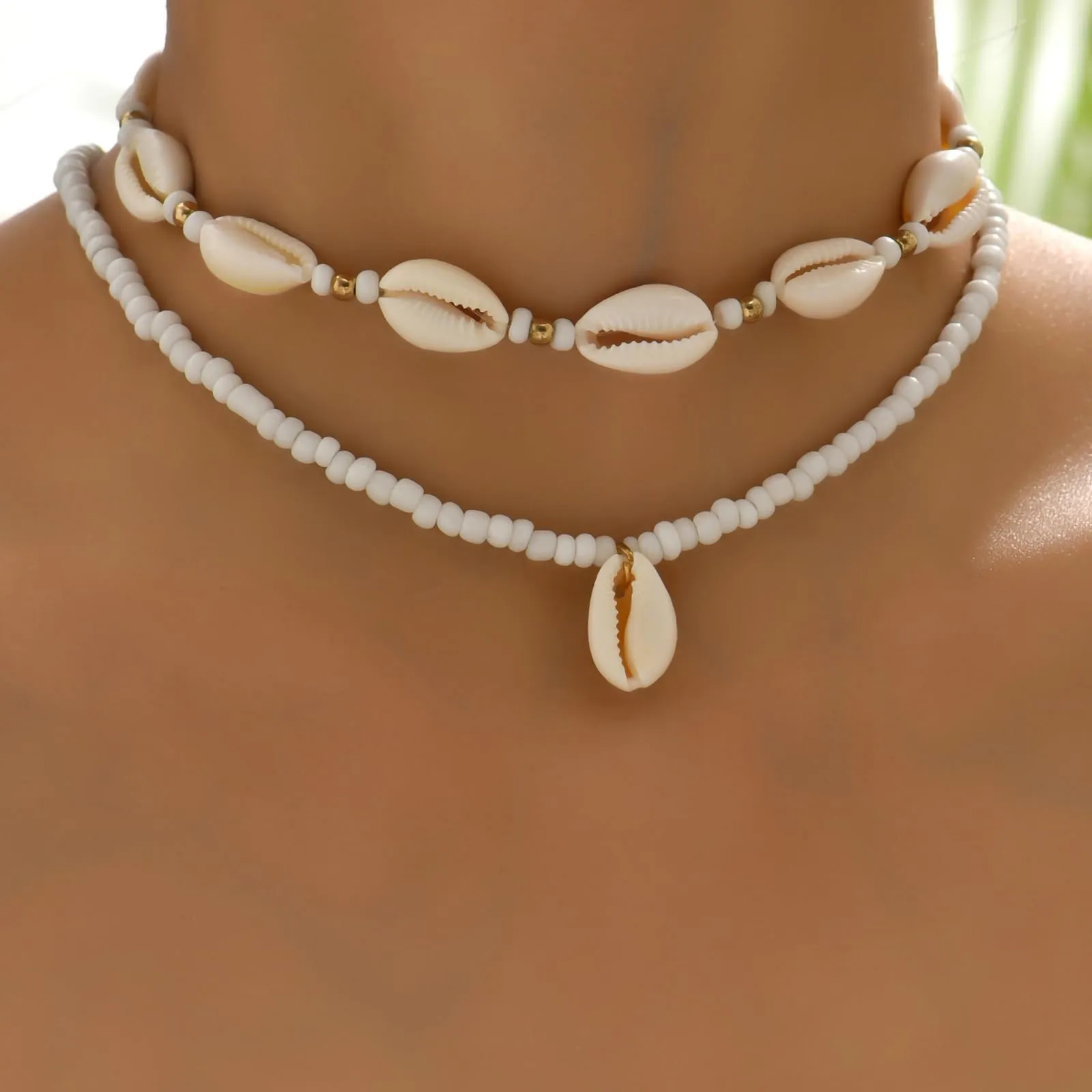 Nackiy Handmade Sea Shell Necklace for Women Summer Adjustable Natural Shell Collar Necklace (Beige Braided Rope)