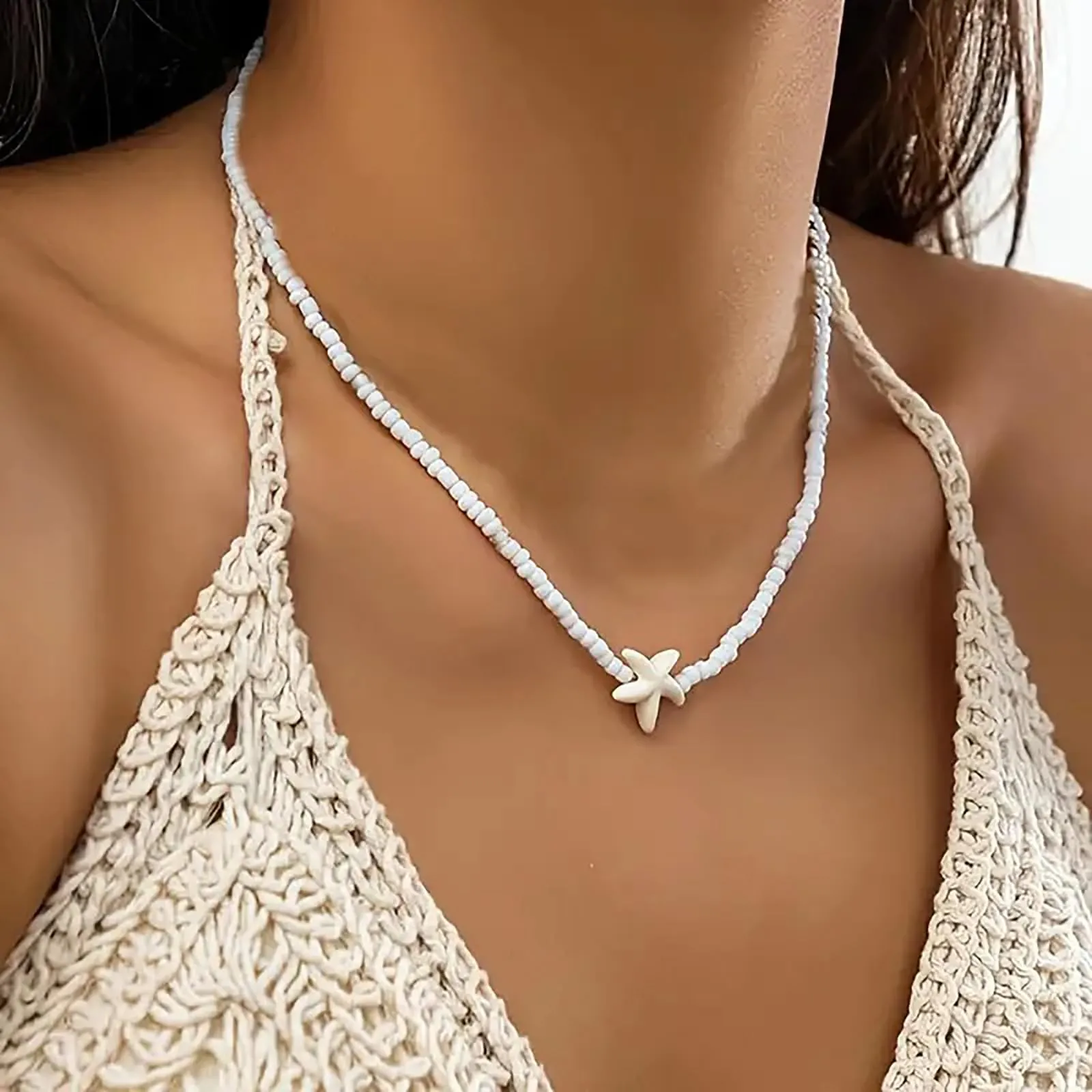 Nackiy Handmade Sea Shell Necklace for Women Summer Adjustable Natural Shell Collar Necklace (Beige Braided Rope)
