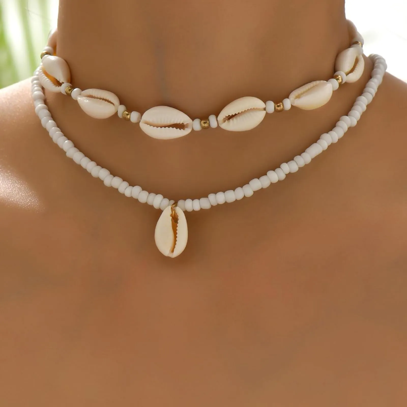 Nackiy Handmade Sea Shell Necklace for Women Summer Adjustable Natural Shell Collar Necklace (Beige Braided Rope)