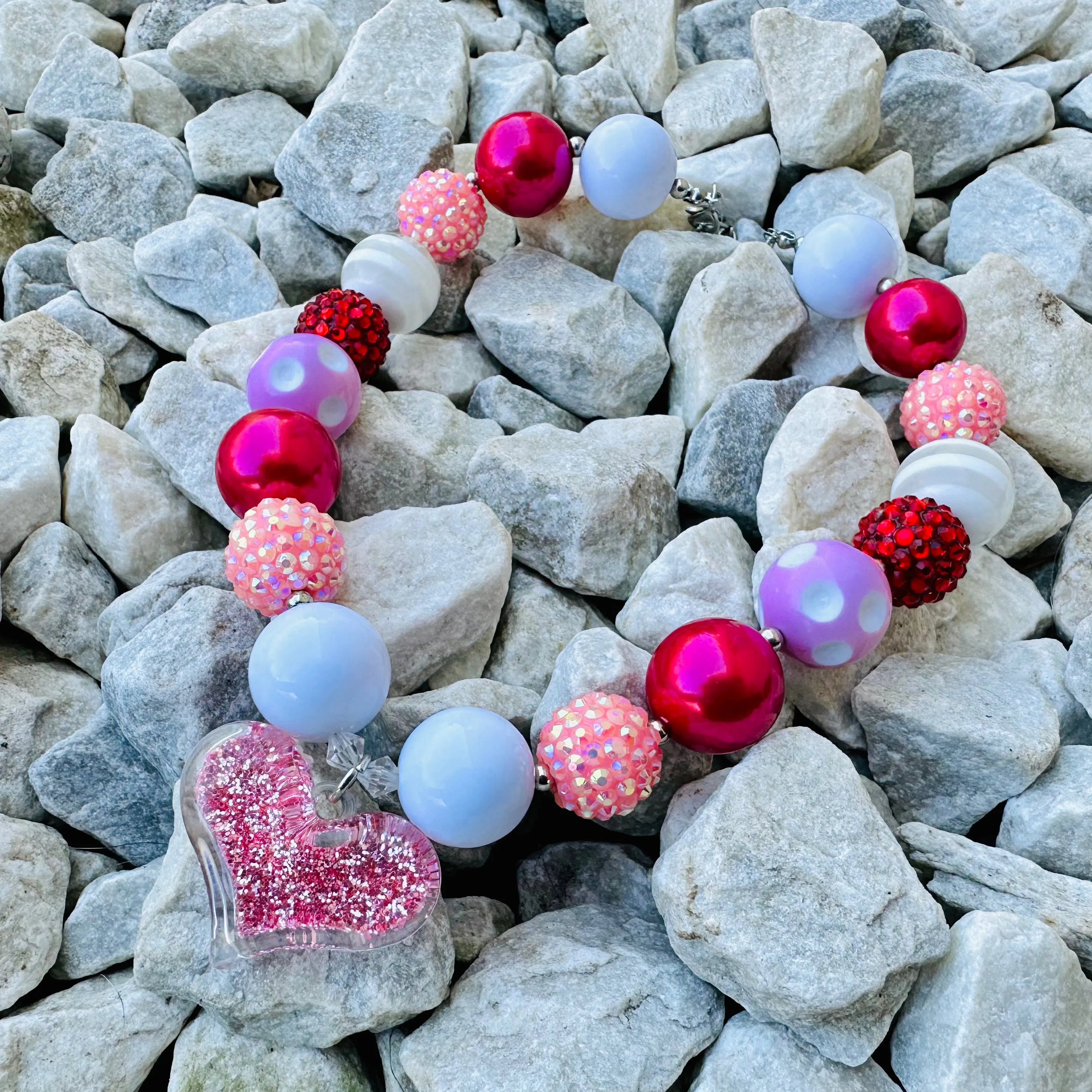 Necklace Chunky Beads Pink Heart Girl Love Jewelry