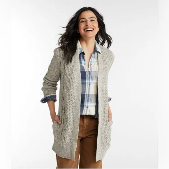 NEW $129 L.L. Bean Signature Combed Cotton Long Cardigan Sweater Cable Fisherman