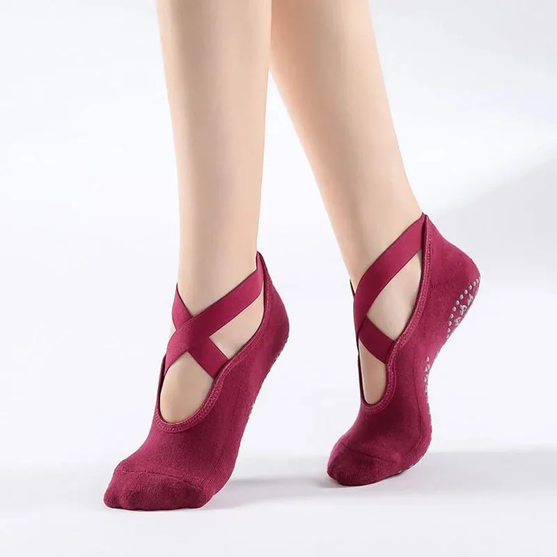 Non-Slip Yoga Socks with Bandage - Cotton Backless Pilates Socks for Women, Fitness Ballet Dance Workout Sport Socks Slipper