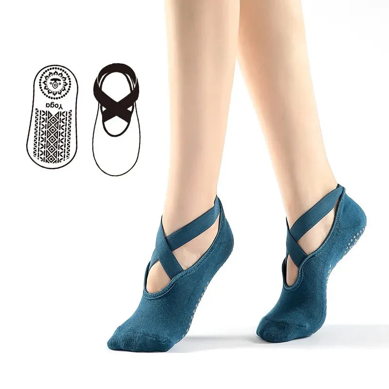 Non-Slip Yoga Socks with Bandage - Cotton Backless Pilates Socks for Women, Fitness Ballet Dance Workout Sport Socks Slipper