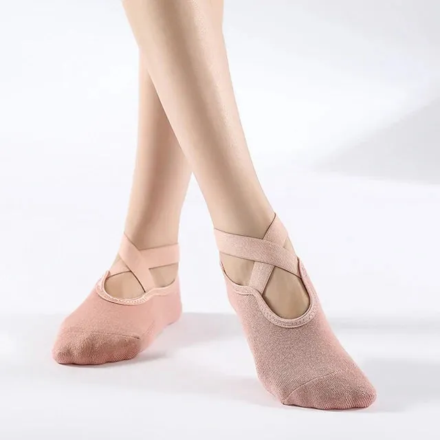 Non-Slip Yoga Socks with Bandage - Cotton Backless Pilates Socks for Women, Fitness Ballet Dance Workout Sport Socks Slipper