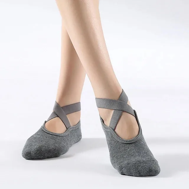Non-Slip Yoga Socks with Bandage - Cotton Backless Pilates Socks for Women, Fitness Ballet Dance Workout Sport Socks Slipper
