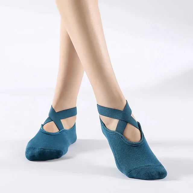 Non-Slip Yoga Socks with Bandage - Cotton Backless Pilates Socks for Women, Fitness Ballet Dance Workout Sport Socks Slipper