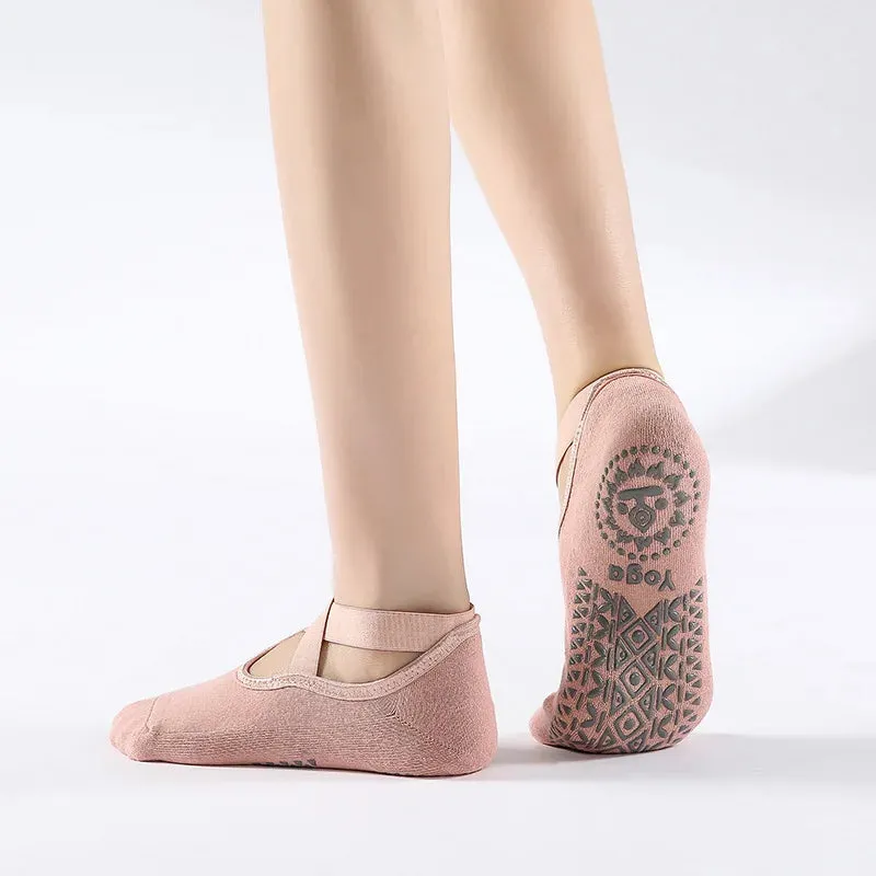 Non-Slip Yoga Socks with Bandage - Cotton Backless Pilates Socks for Women, Fitness Ballet Dance Workout Sport Socks Slipper