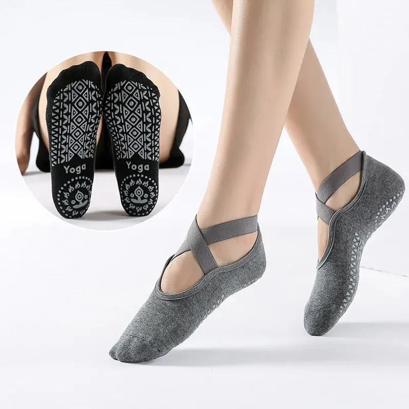 Non-Slip Yoga Socks with Bandage - Cotton Backless Pilates Socks for Women, Fitness Ballet Dance Workout Sport Socks Slipper