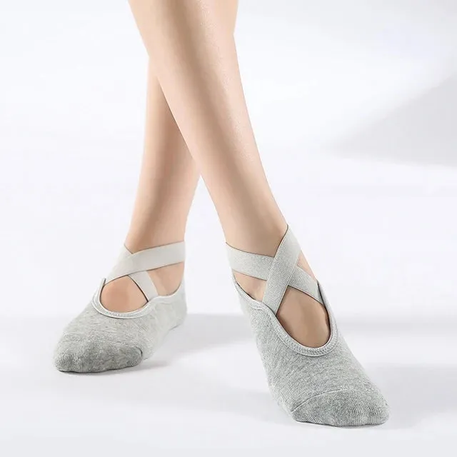 Non-Slip Yoga Socks with Bandage - Cotton Backless Pilates Socks for Women, Fitness Ballet Dance Workout Sport Socks Slipper