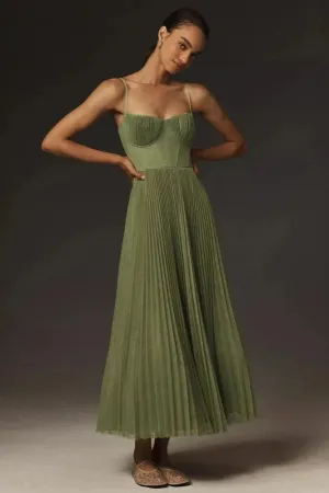 Pleated Tulle Corset Midi Dress