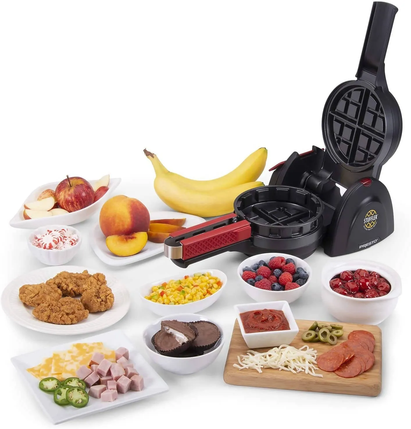Presto Stuffler Stuffed Waffle Maker makes it easy to use fresh fruits, pie fillings, candy, chocolate, cheese, meats and more to make delicious stuffed waffles in minutes - 03512