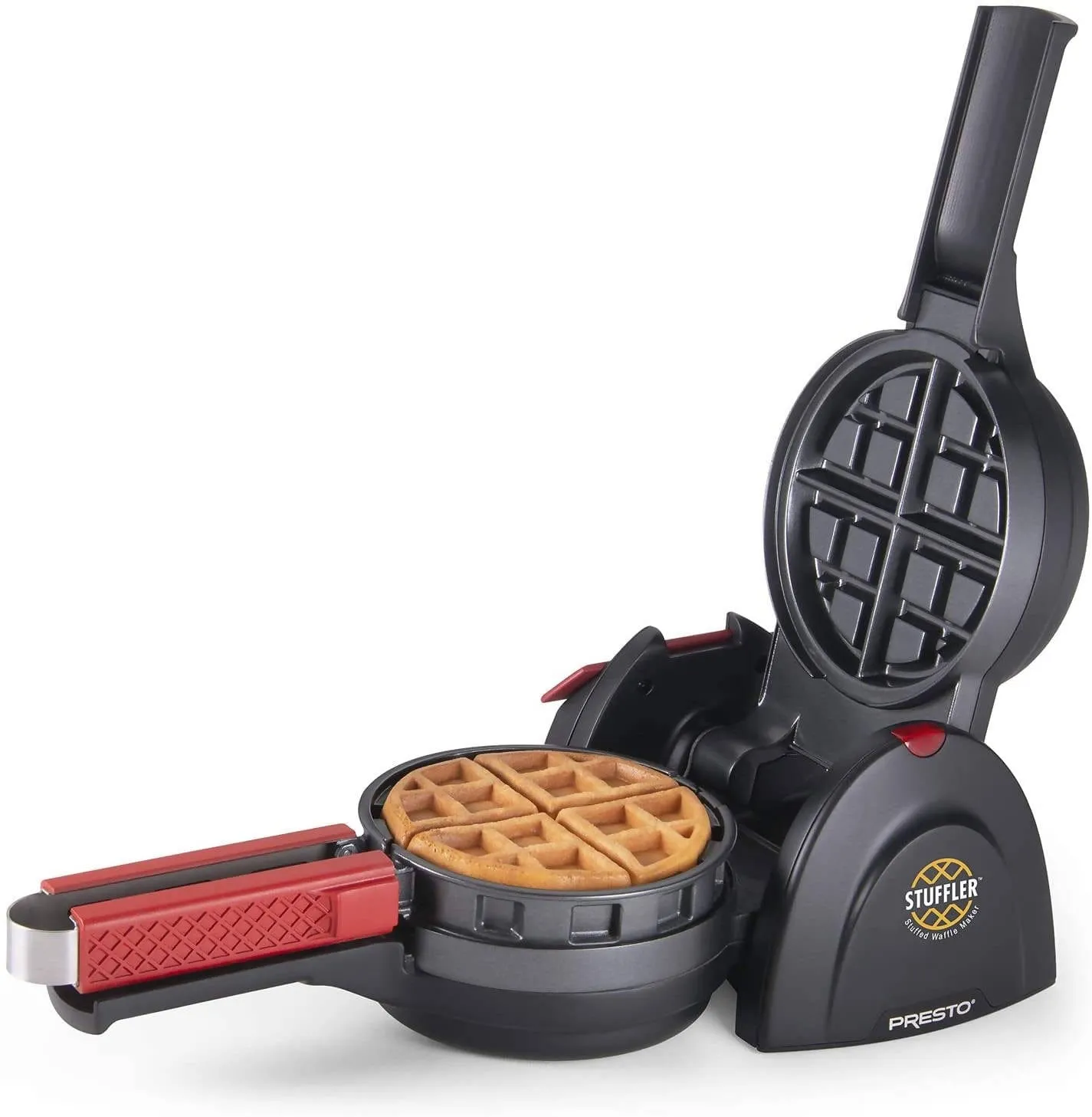 Presto Stuffler Stuffed Waffle Maker makes it easy to use fresh fruits, pie fillings, candy, chocolate, cheese, meats and more to make delicious stuffed waffles in minutes - 03512