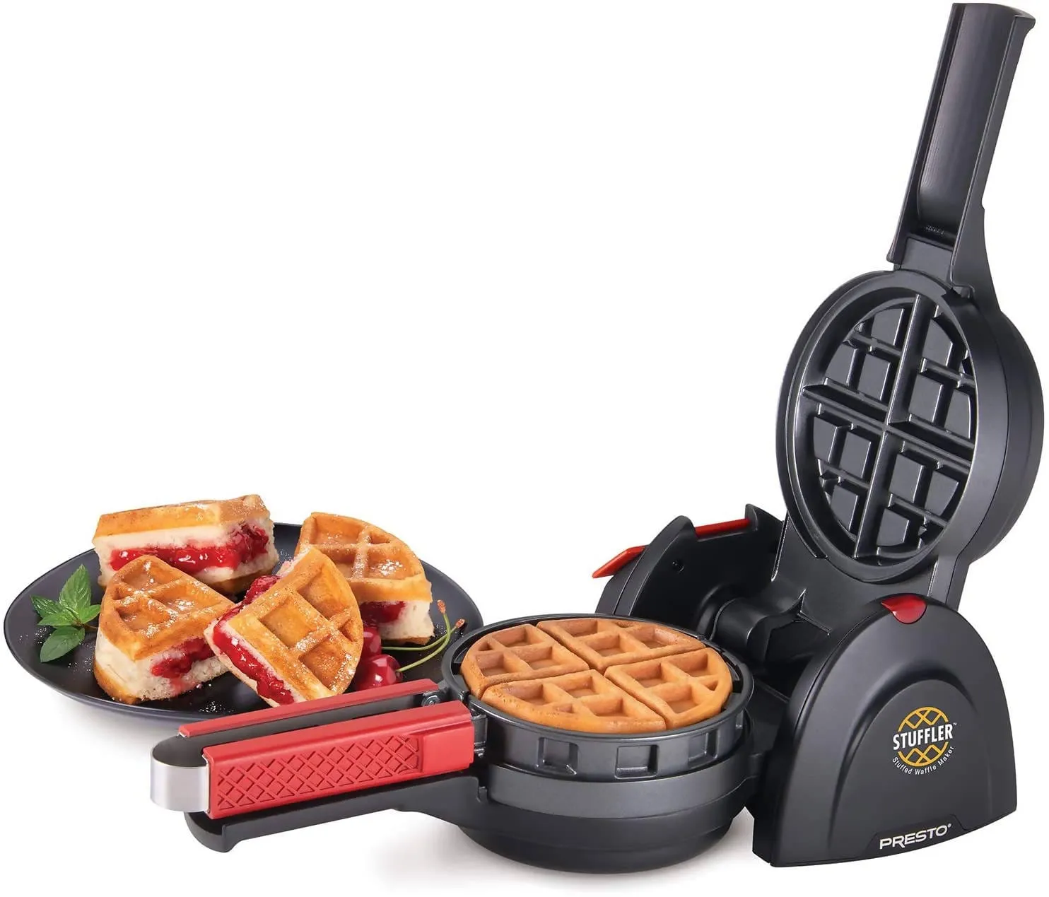 Presto Stuffler Stuffed Waffle Maker makes it easy to use fresh fruits, pie fillings, candy, chocolate, cheese, meats and more to make delicious stuffed waffles in minutes - 03512