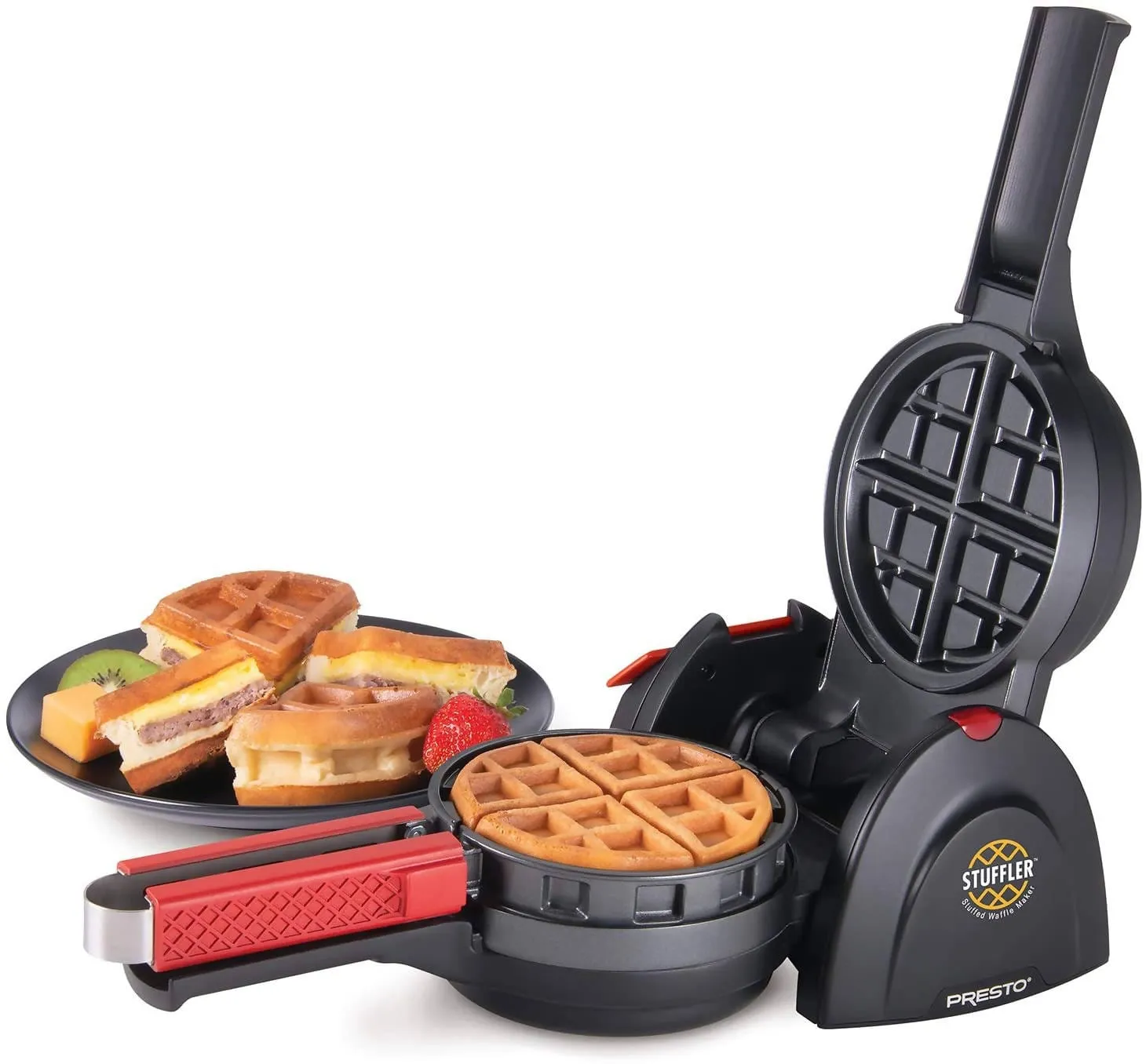 Presto Stuffler Stuffed Waffle Maker makes it easy to use fresh fruits, pie fillings, candy, chocolate, cheese, meats and more to make delicious stuffed waffles in minutes - 03512