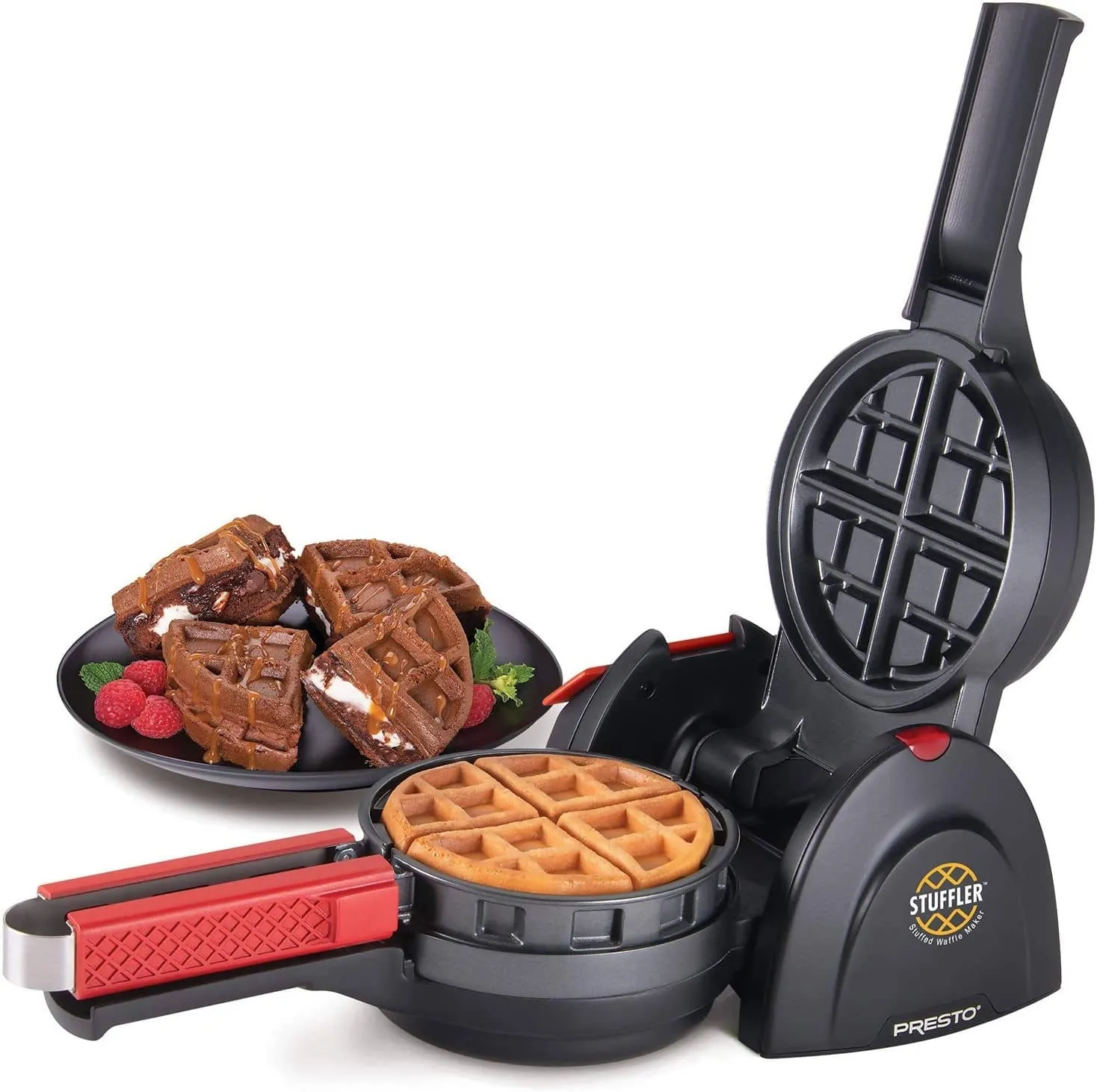 Presto Stuffler Stuffed Waffle Maker makes it easy to use fresh fruits, pie fillings, candy, chocolate, cheese, meats and more to make delicious stuffed waffles in minutes - 03512
