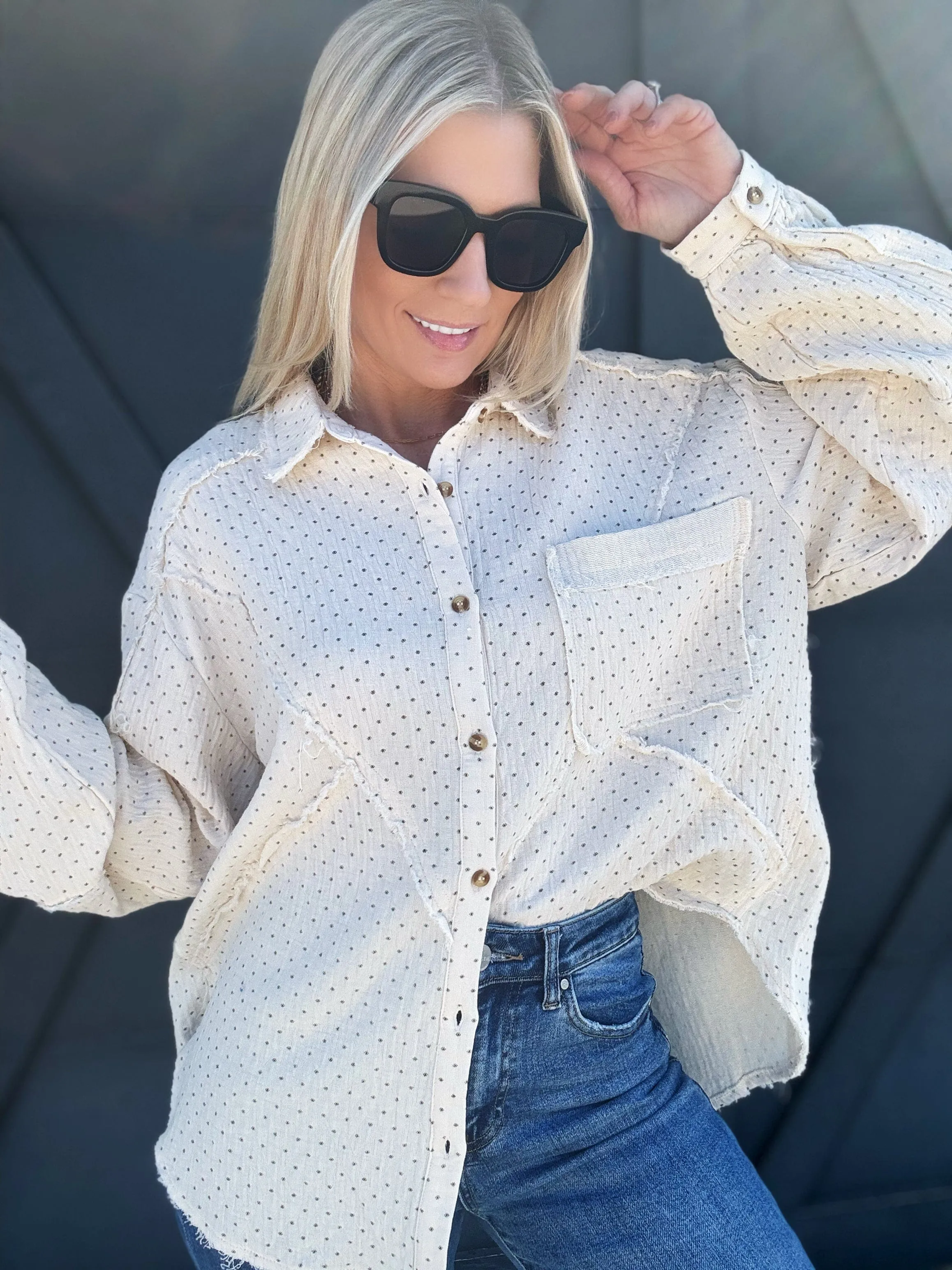 Printed Cotton Gauze Button Down In Cream