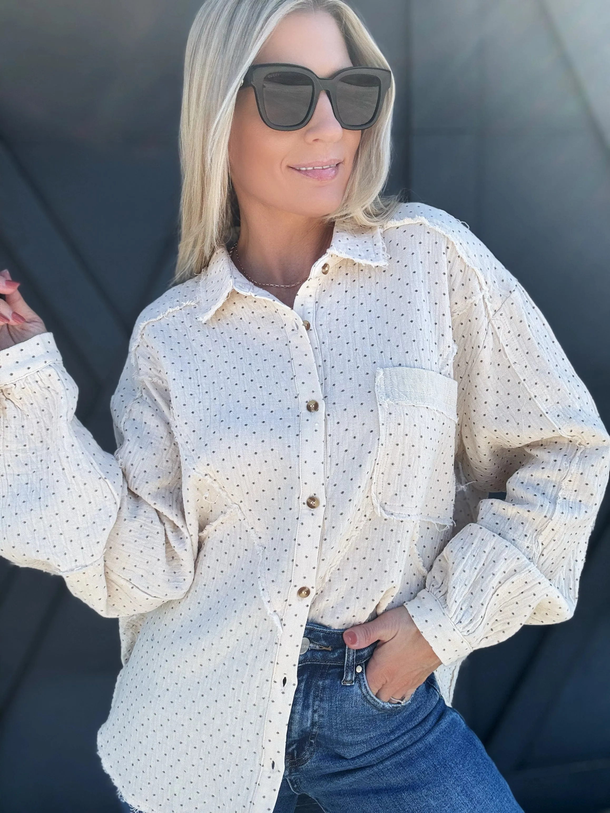 Printed Cotton Gauze Button Down In Cream