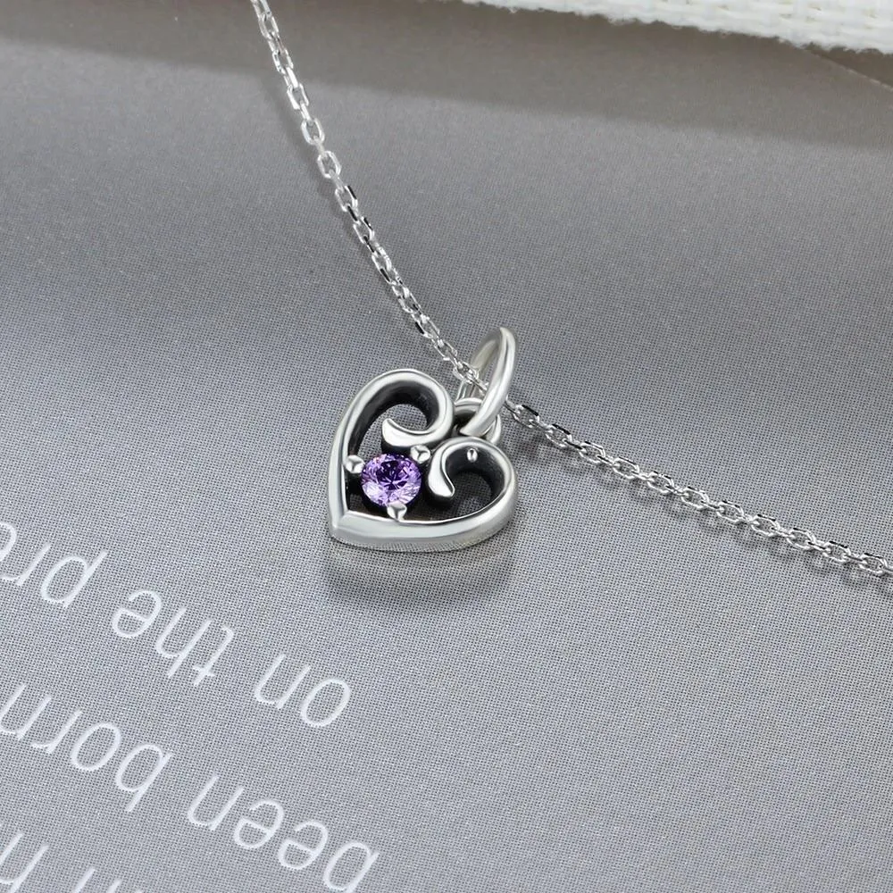 Purple Cubic Zirconia Heart Design 925 Sterling Silver Pendant Necklace For Women Jewelry Gift For Love