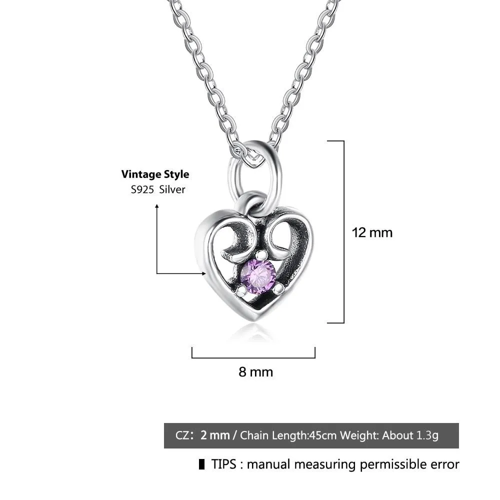 Purple Cubic Zirconia Heart Design 925 Sterling Silver Pendant Necklace For Women Jewelry Gift For Love