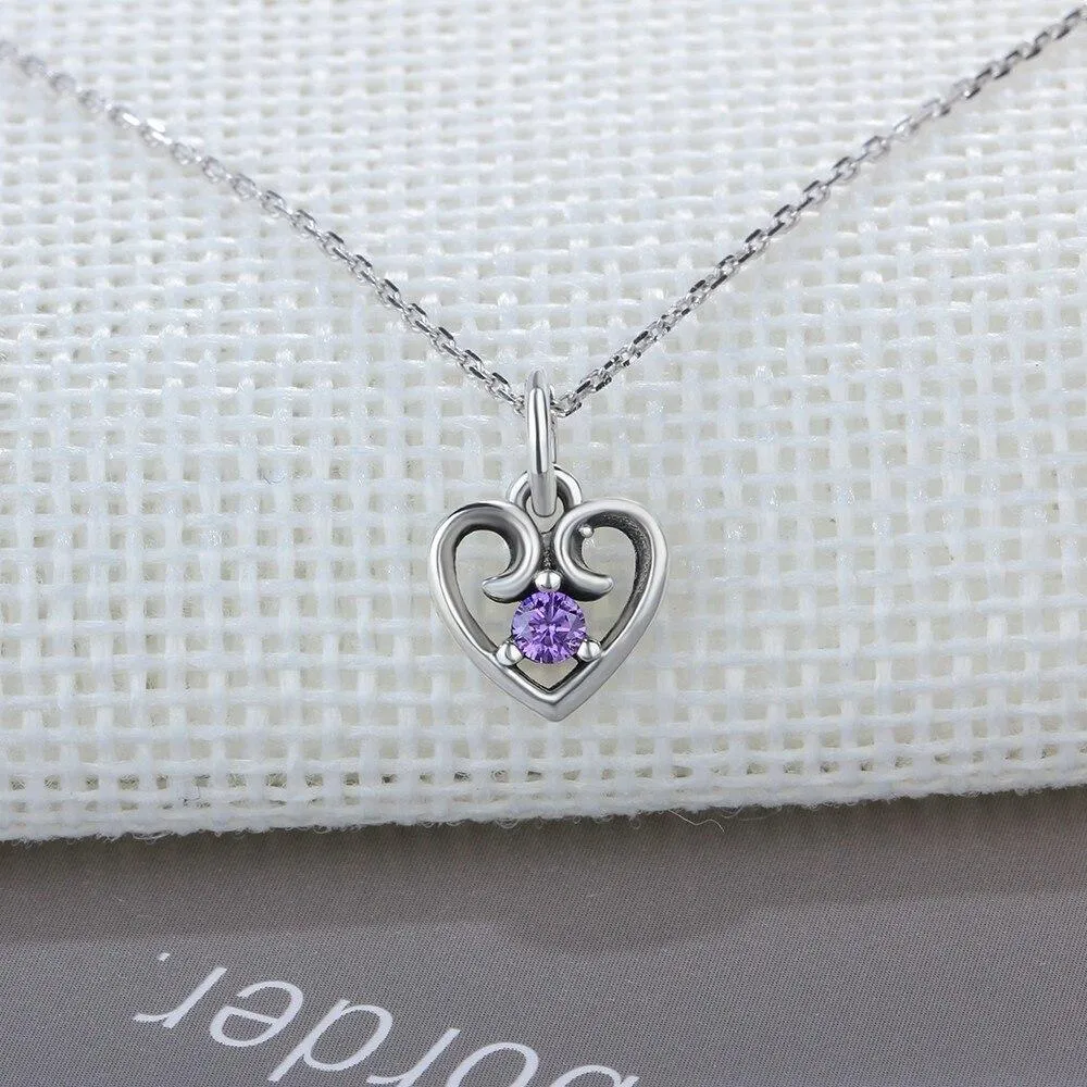 Purple Cubic Zirconia Heart Design 925 Sterling Silver Pendant Necklace For Women Jewelry Gift For Love