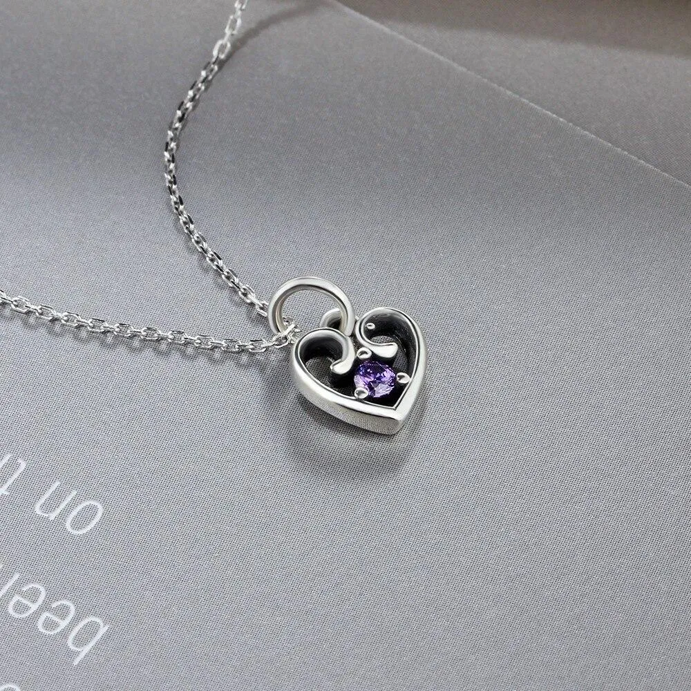 Purple Cubic Zirconia Heart Design 925 Sterling Silver Pendant Necklace For Women Jewelry Gift For Love