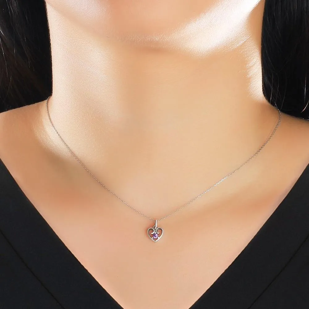 Purple Cubic Zirconia Heart Design 925 Sterling Silver Pendant Necklace For Women Jewelry Gift For Love
