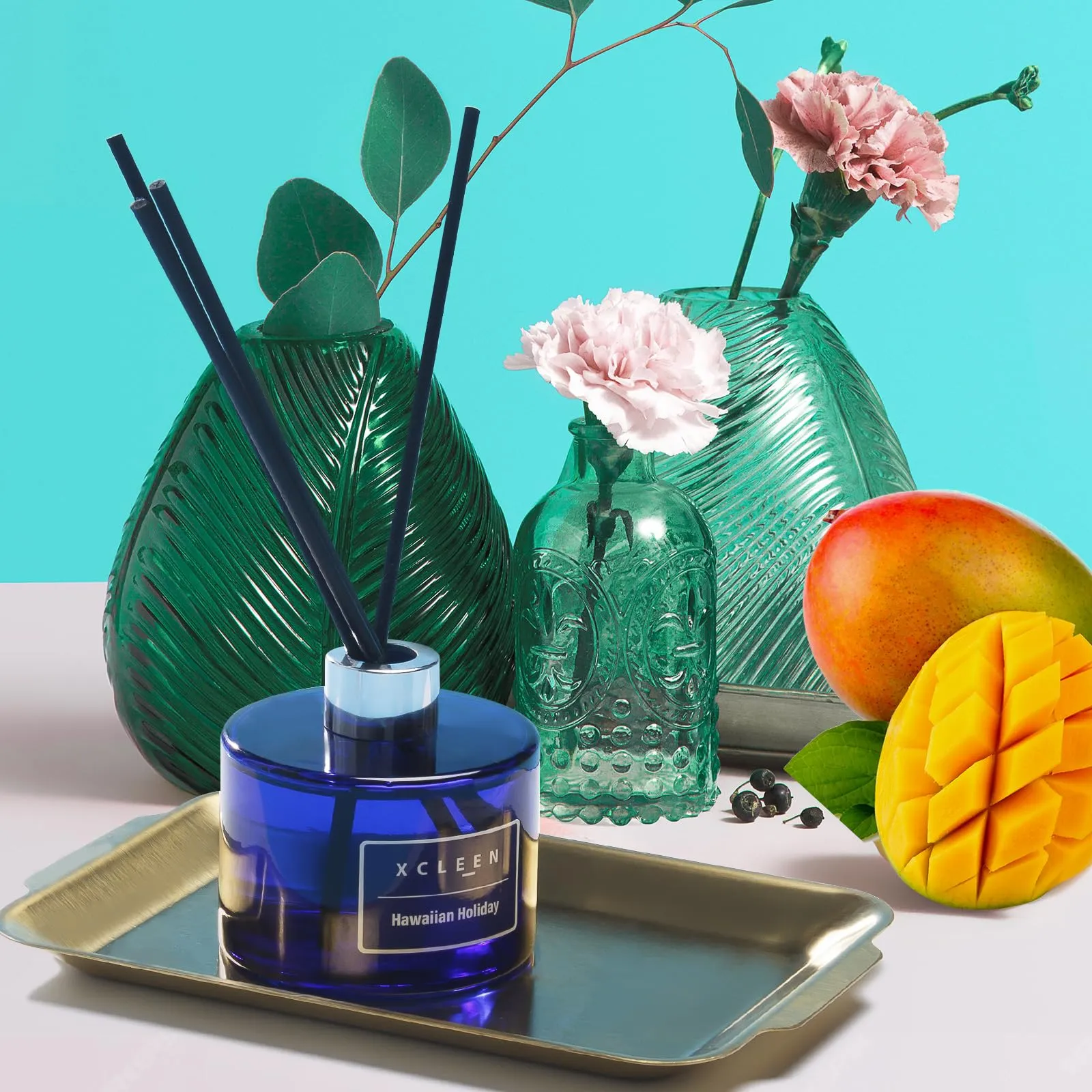 Reed Diffuser Set for Home| 3.7 Oz(110ml) Hawaiian Holiday Fragrance Diffuser | with Mangoes, Pineapples, Peaches & Melons Scented Oil Sticks Diffuser, Air Fresheners for Home, Bathroom