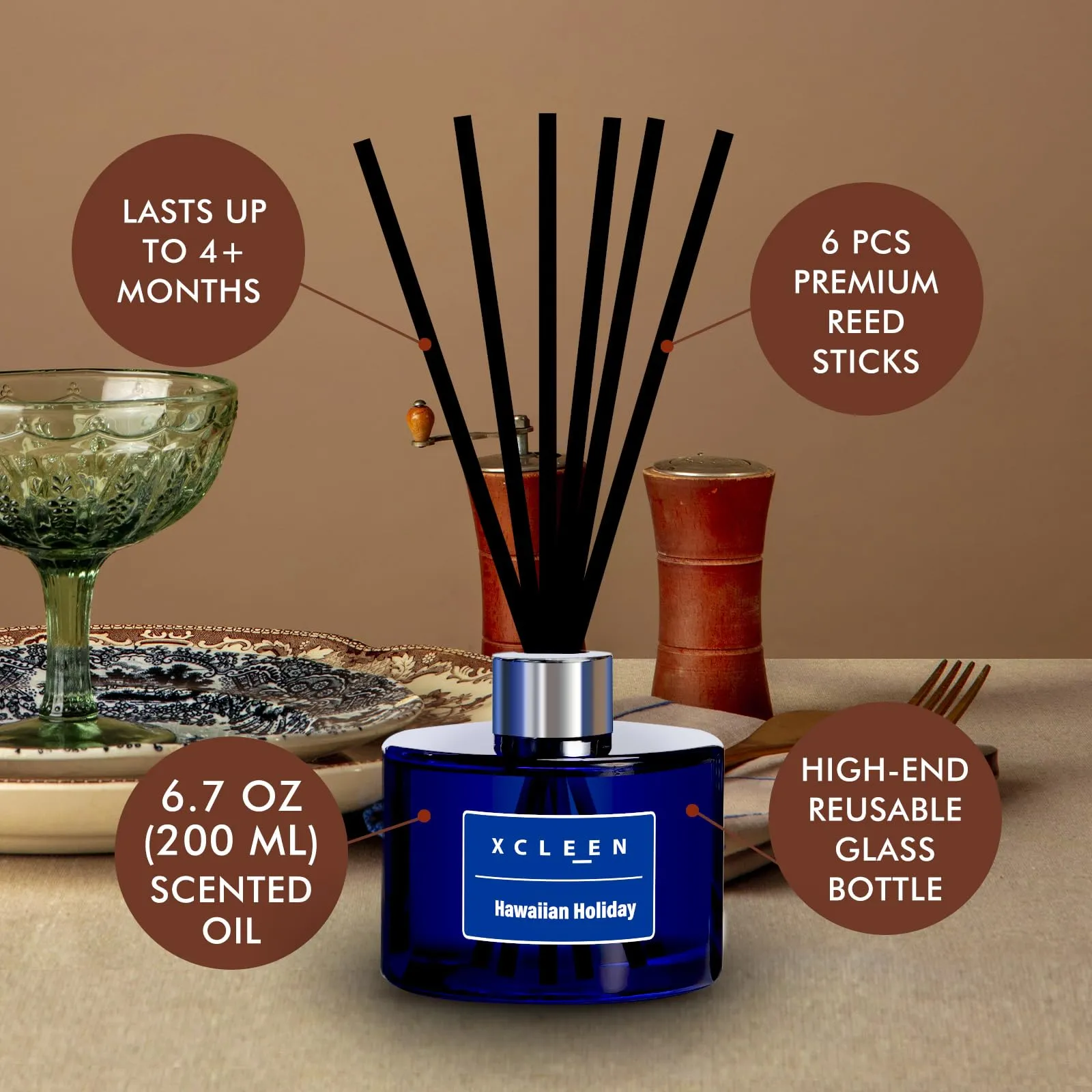 Reed Diffuser Set for Home| 3.7 Oz(110ml) Hawaiian Holiday Fragrance Diffuser | with Mangoes, Pineapples, Peaches & Melons Scented Oil Sticks Diffuser, Air Fresheners for Home, Bathroom
