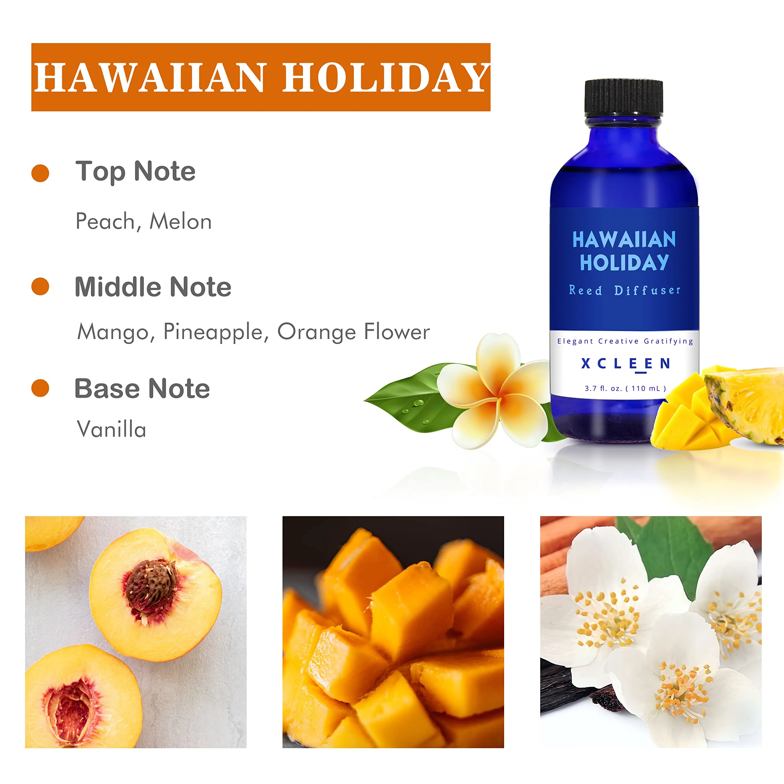 Reed Diffuser Set for Home| 3.7 Oz(110ml) Hawaiian Holiday Fragrance Diffuser | with Mangoes, Pineapples, Peaches & Melons Scented Oil Sticks Diffuser, Air Fresheners for Home, Bathroom