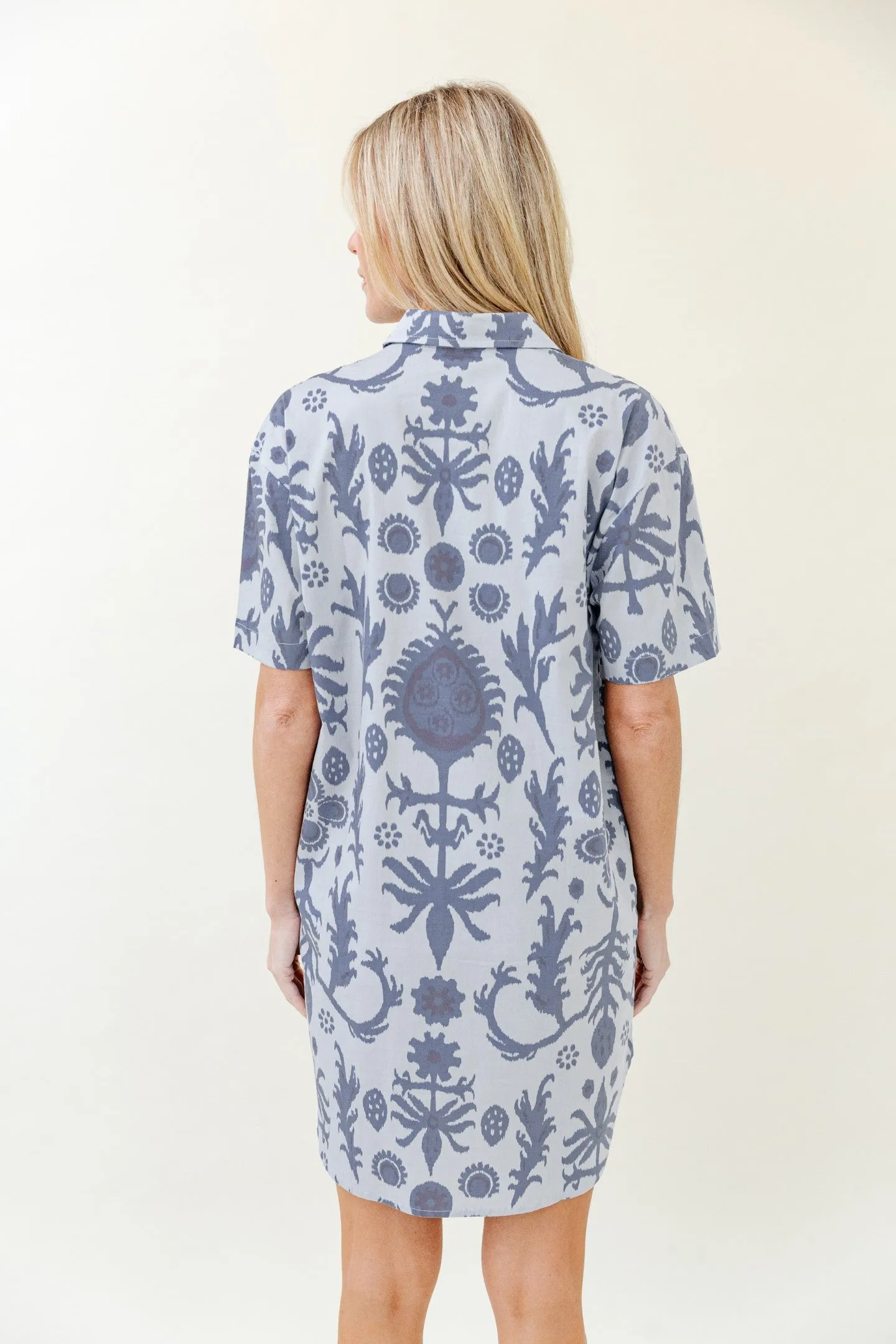 Rhodes Dress in Denim Floral Ikat