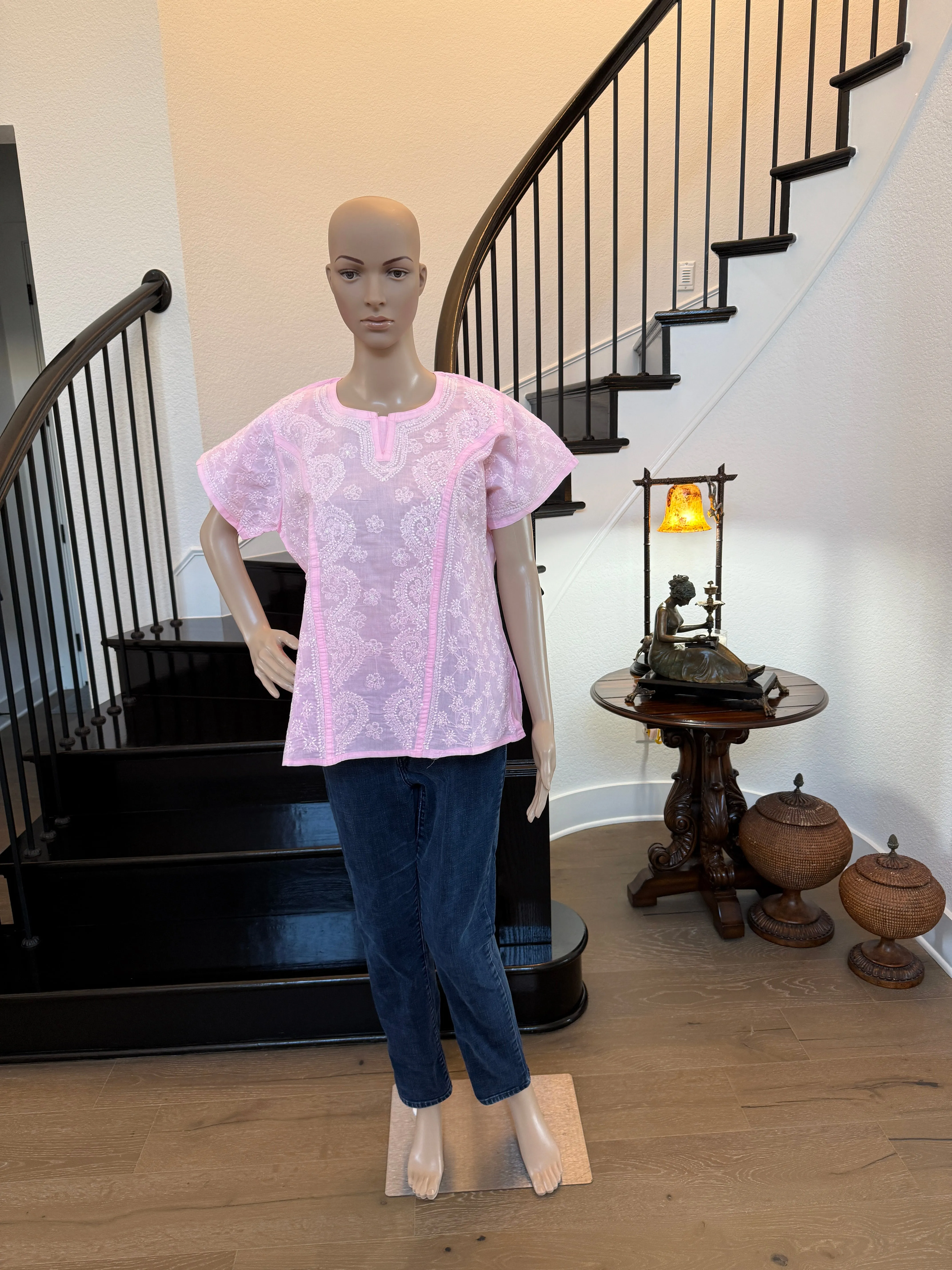 Roshanara – Rose Pink Chikankari Short Sleeve Kurta | A Blossom of Elegance 🌸