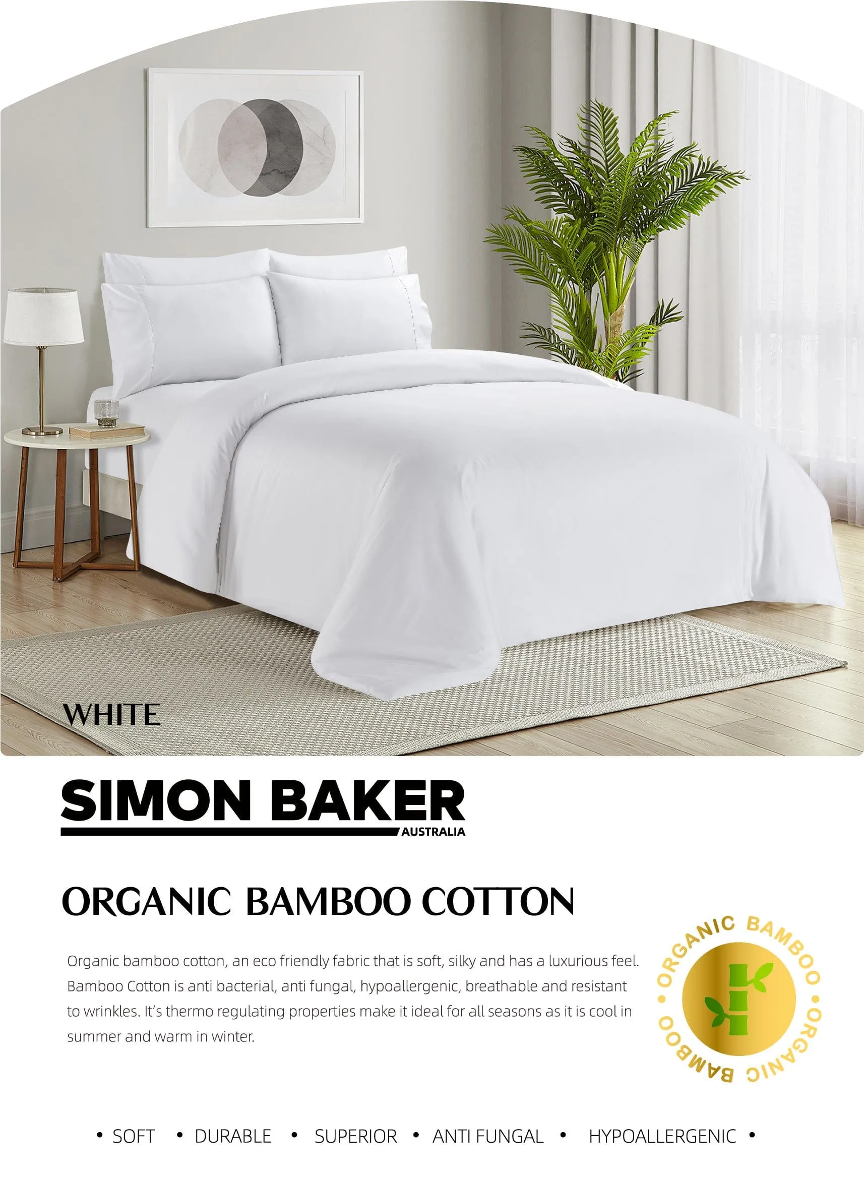 Simon Baker Organic Bamboo Cotton White 4 Piece Sheet Set