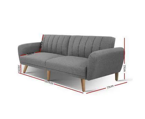 Sofa Bed Lounge 3 Seater Futon Couch Recline Chair Wooden 207cm Fabric - Grey