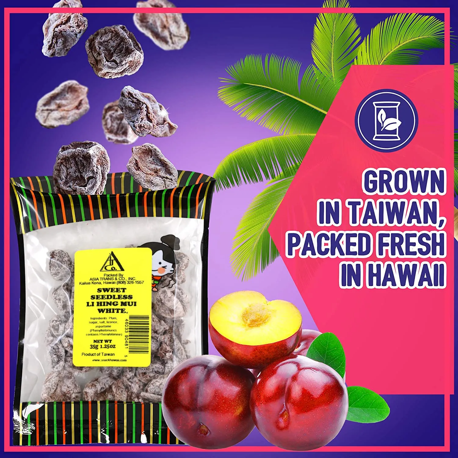 Sweet Seedless Li Hing Mui Crack Seed Plums | Hawaiian Favorite | Naturally Sweet Dried Asian Plum Candy | 1.25 Ounce