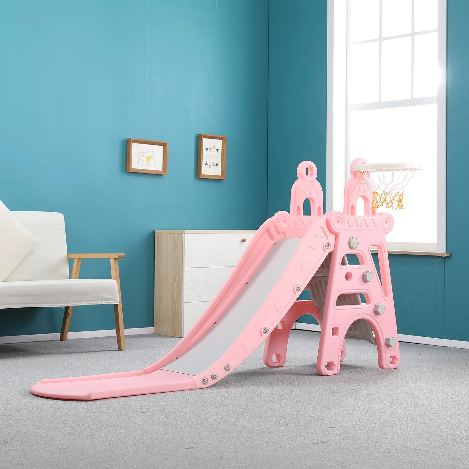 Tower 6-in-1 Kids Slide & Swing Set | Football | Basketball Hoop | Ring Toss | Music