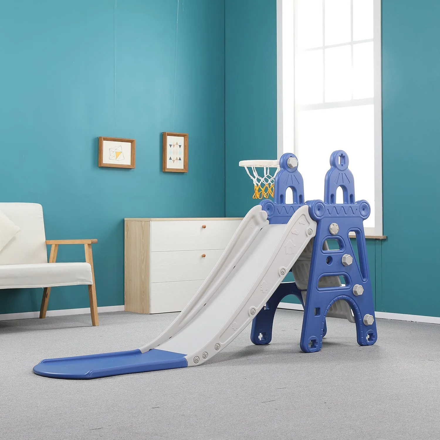 Tower 6-in-1 Kids Slide & Swing Set | Football | Basketball Hoop | Ring Toss | Music
