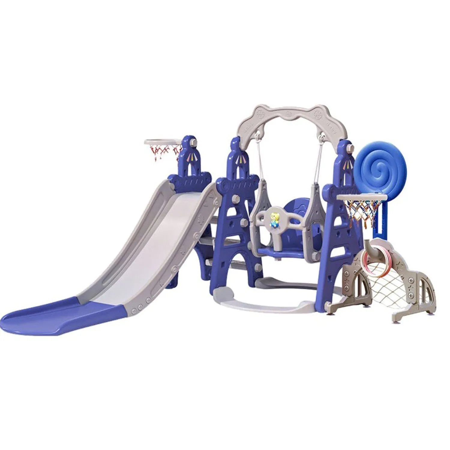 Tower 6-in-1 Kids Slide & Swing Set | Football | Basketball Hoop | Ring Toss | Music
