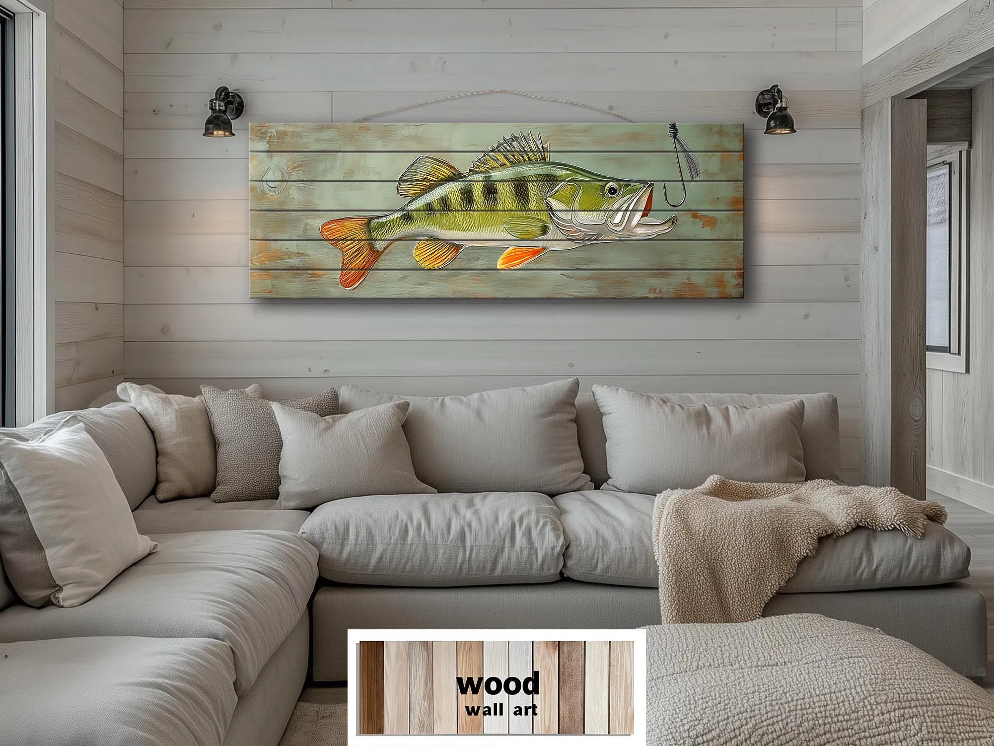 Walleye Fish Long Horizontal Real Wood Wall Art For Fishing Cabin Decor