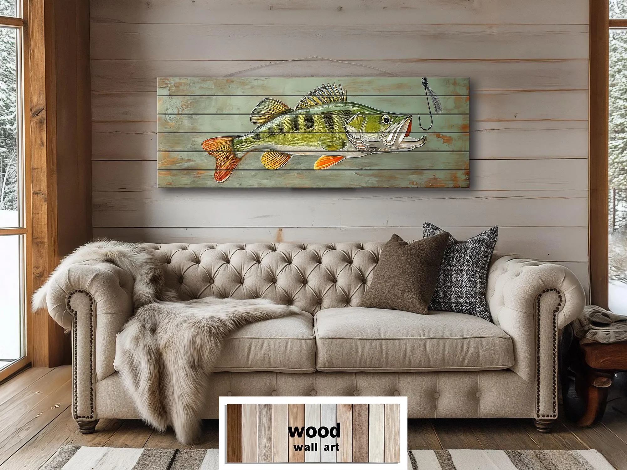 Walleye Fish Long Horizontal Real Wood Wall Art For Fishing Cabin Decor