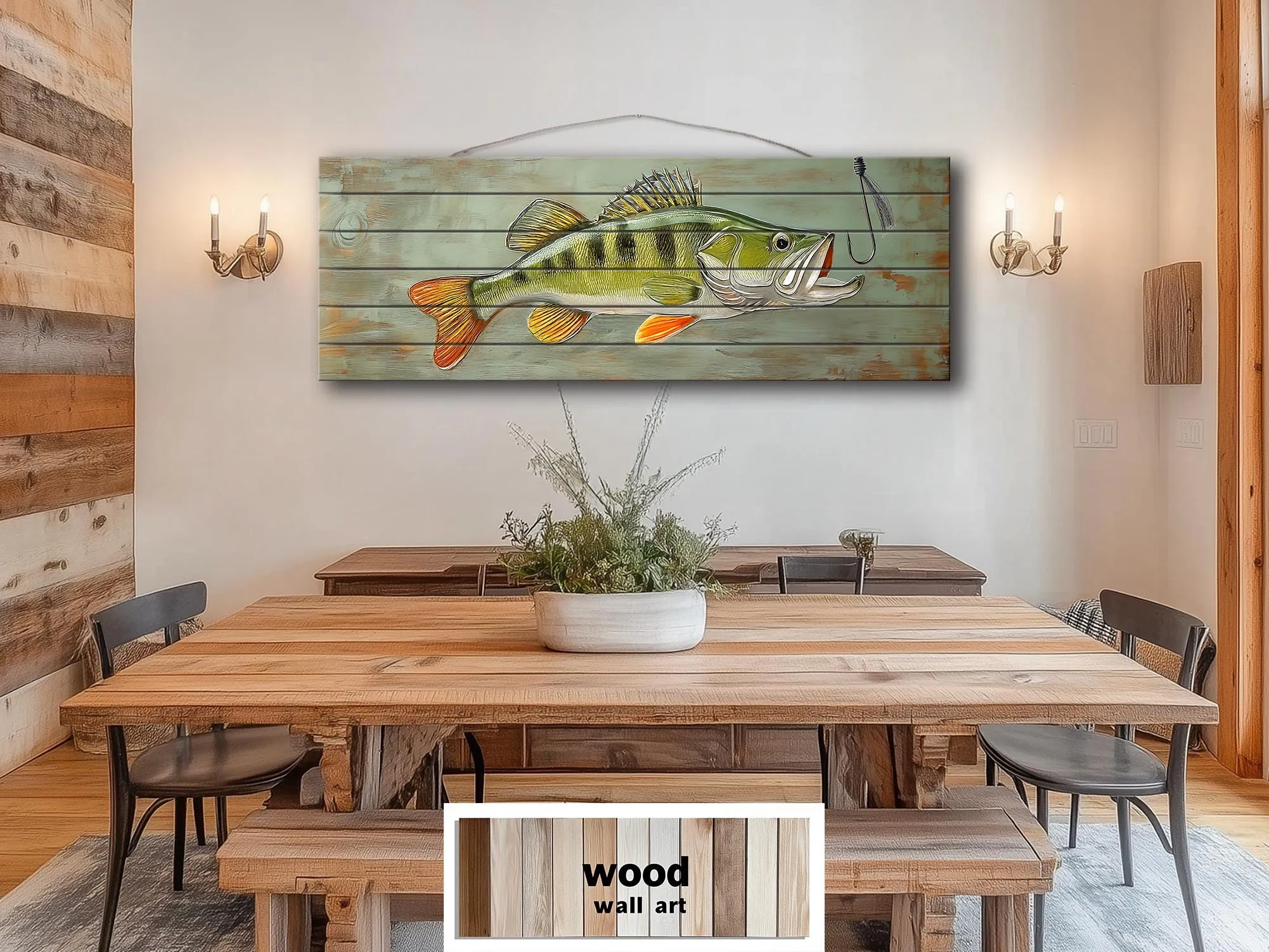 Walleye Fish Long Horizontal Real Wood Wall Art For Fishing Cabin Decor