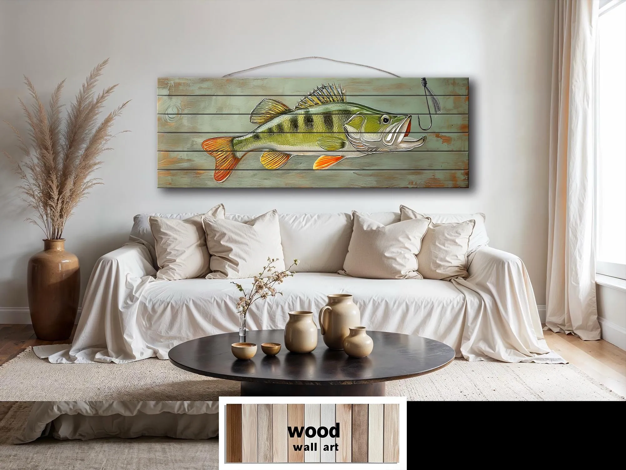 Walleye Fish Long Horizontal Real Wood Wall Art For Fishing Cabin Decor