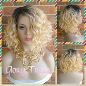 Wavy Bob Lace Front Wig, 100% Human Hair Blend, Ombre 613 Blonde // DELIGHT ( Free Shipping)
